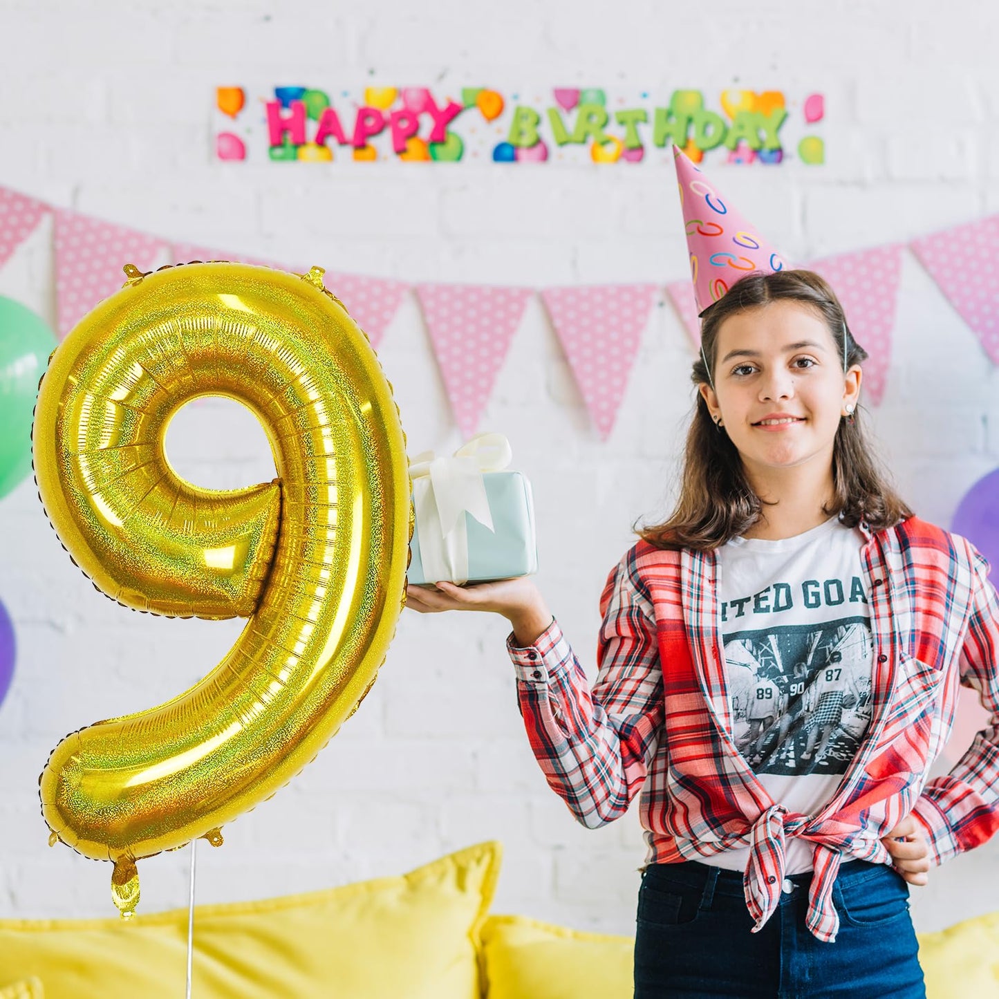 Laser Gold Number 9 Balloons, Giant Foil Balloons 0-9 Set For Women Anniversary Party Decor, Self Inflating Globos Dorados Heliu