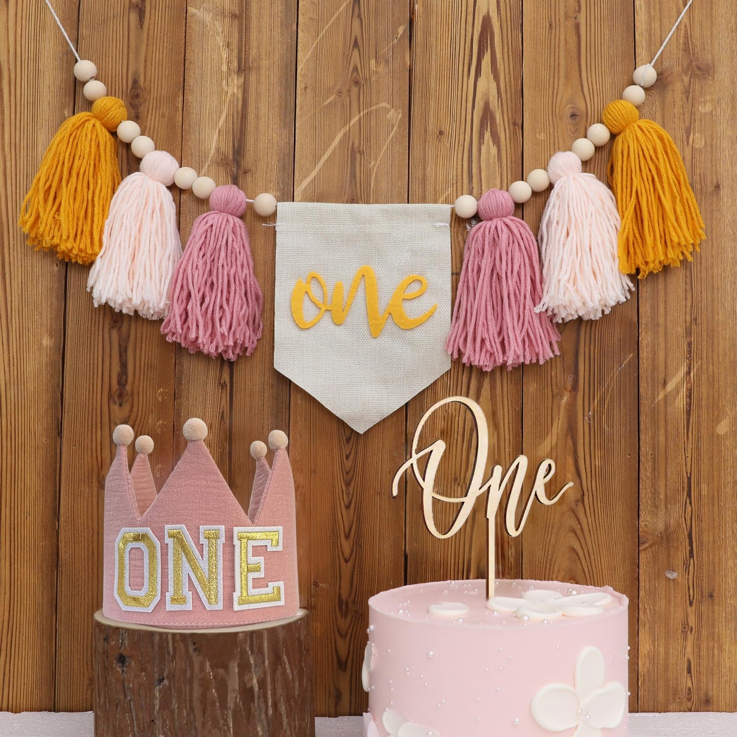 HODIHIWI Baby Girls Pink Yellow 1st High Chair Banner Wood Bead Tassel Garland Crown Hat Wooden Cake Topper Birthday Party Decor