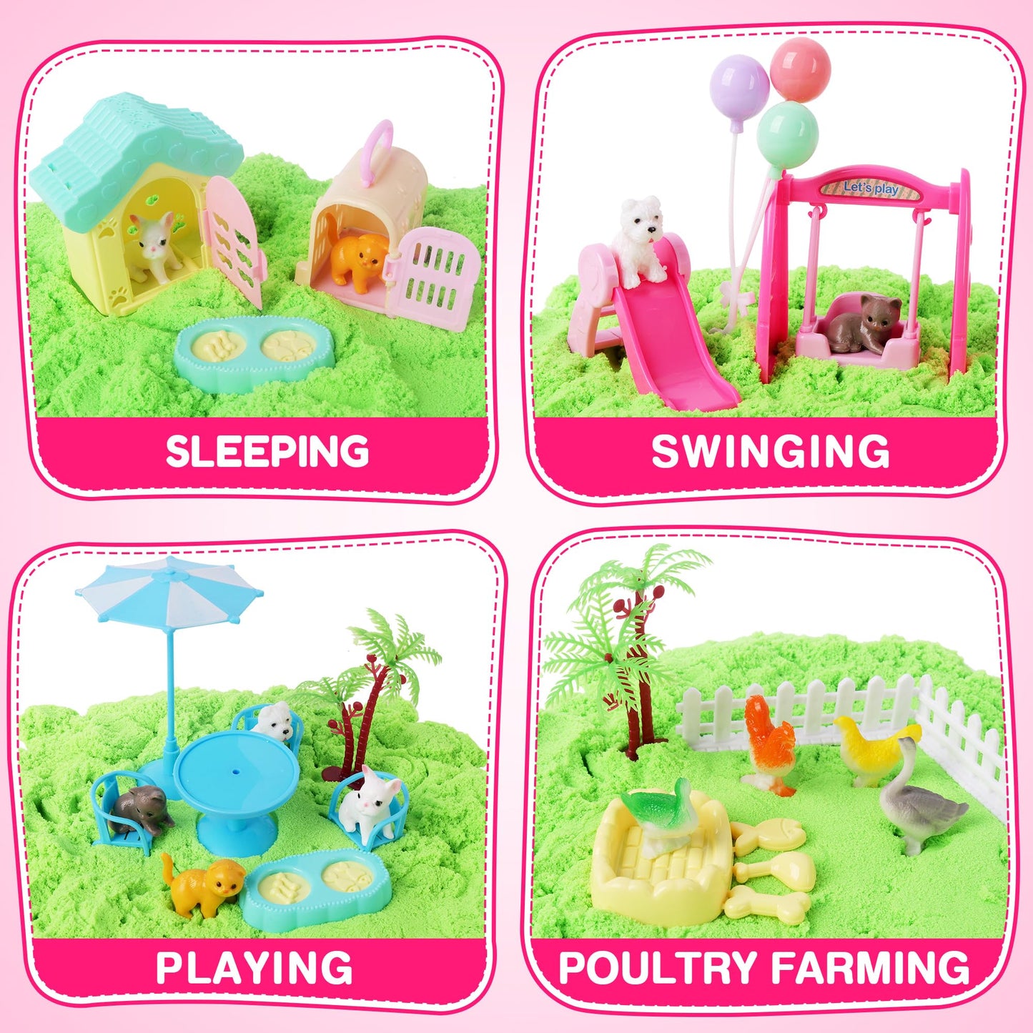 Billeeit Pet Sensory Bin Sand Toy with 2.2lbs Green Magic Sand, Dog & Cat Play Sand Kit for Boys and Girls Including 28pcs Acces