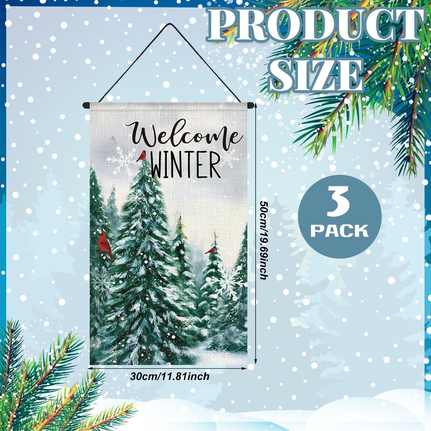 Tegeme Winter Hanging Banner Cardinal Flag Decoration, 12x20 Inch, Colorful Pine Tree Design, Holiday Ornaments