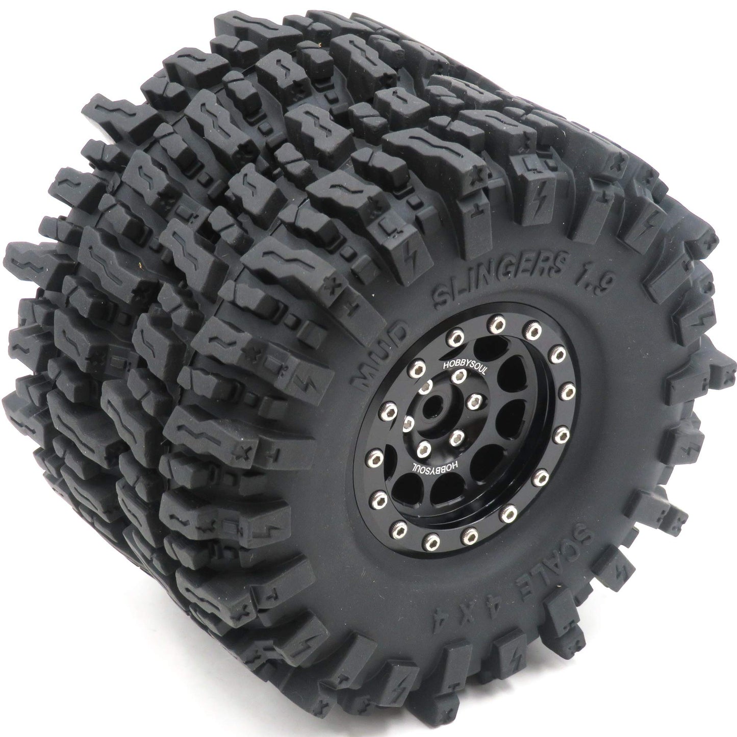 HOBBYSOUL 1.9 Mud Slingers Tires Super Grip Sticky Tyre 120mm / 4.72'' tall & 1.9 Beadlock wheels Rims Hex 12mm Black For 1/10 C