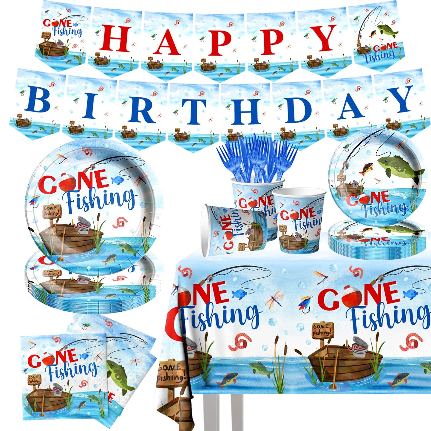 142 Pcs Gone Fishing Tableware,Fishing Birthday Party Decoration Little Fisherman Gone Fishing Themed Disposable Tablecloth,Plat