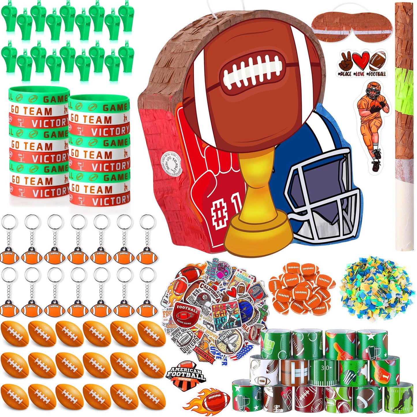 Hollowfly 162 Pcs Football Piata Football Party Favors with Blindfold Confetti Bat Stress Balls Keychains Wristbands Whistles Er