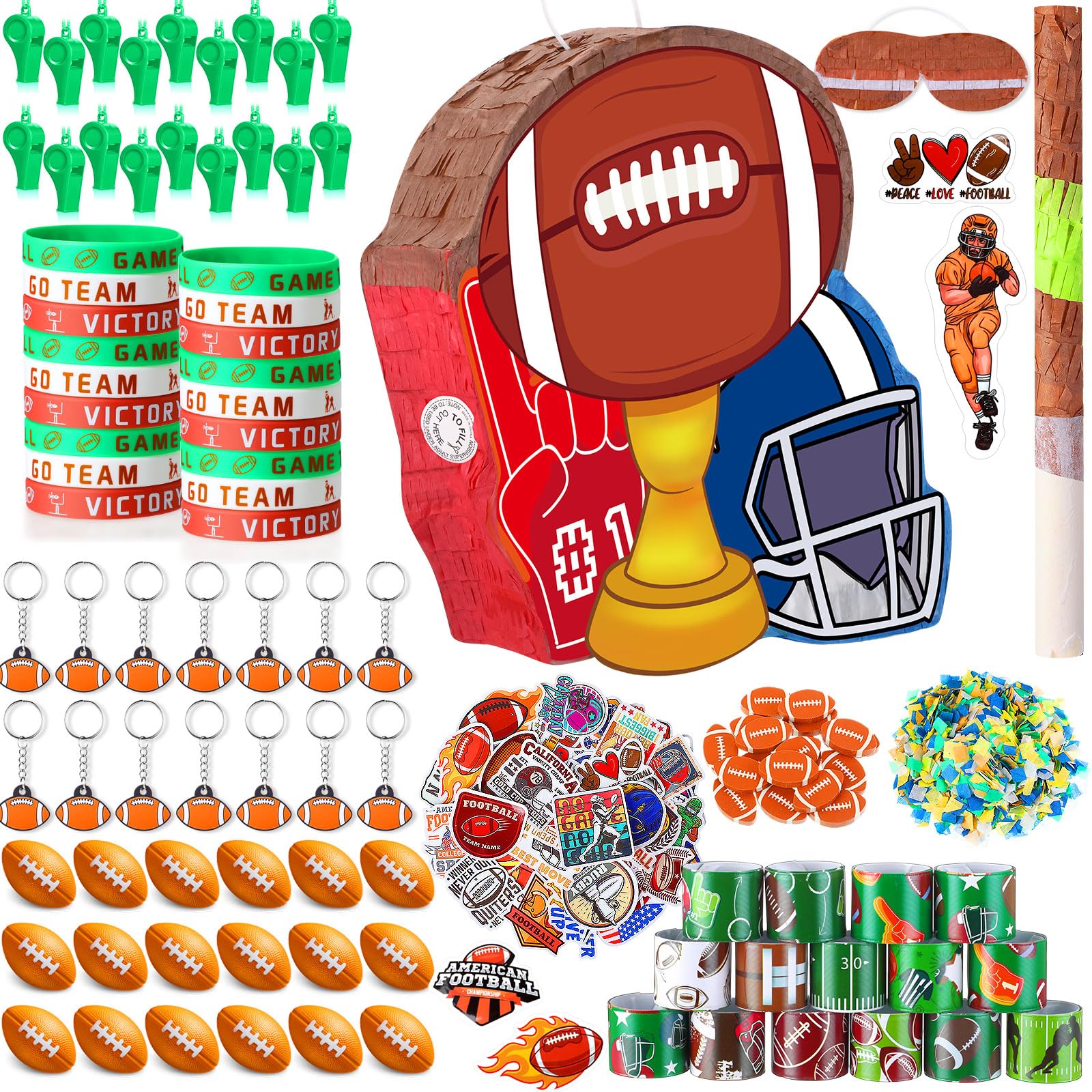 Hollowfly 162 Pcs Football Piata Football Party Favors with Blindfold Confetti Bat Stress Balls Keychains Wristbands Whistles Er