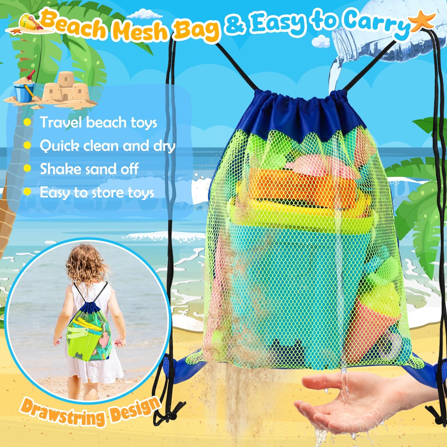 Rezucrey Beach Toys For Kids Toddlers, Sand Castle Toys With 4 Sand Bucket And Shovels, Mesh Bag & Molds, Ice Cream Travel Sandb