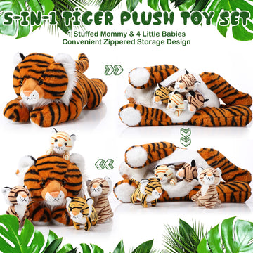 Threan 5 Pcs Tiger Stuffed Animals Plush Toy Set 16 Inch Stuffed Mommy Tiger With 4 Baby Cubs In Zippered Belly Cuddly Plushies For Kids Boys Girls Birthday Gifts Forest Party Favor Decors(Cute)