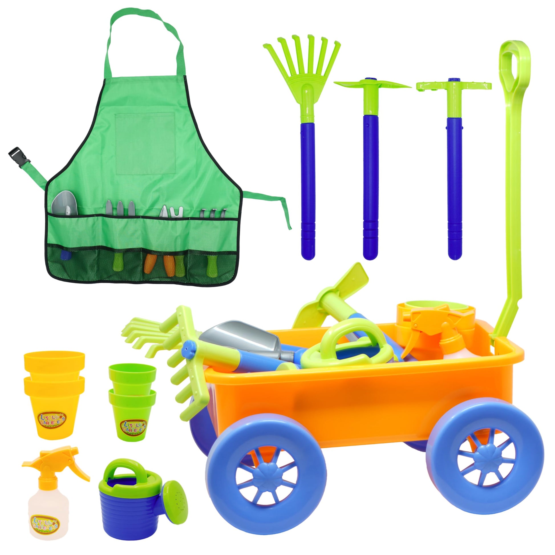 15 Piece Gardening Tools & Wagon Toy Set With Plastic Wheelbarrow, Apron, Stem Pretend Play Outdoor Toy For Toddlers Kids Boys Girls By 4E'S Novelty