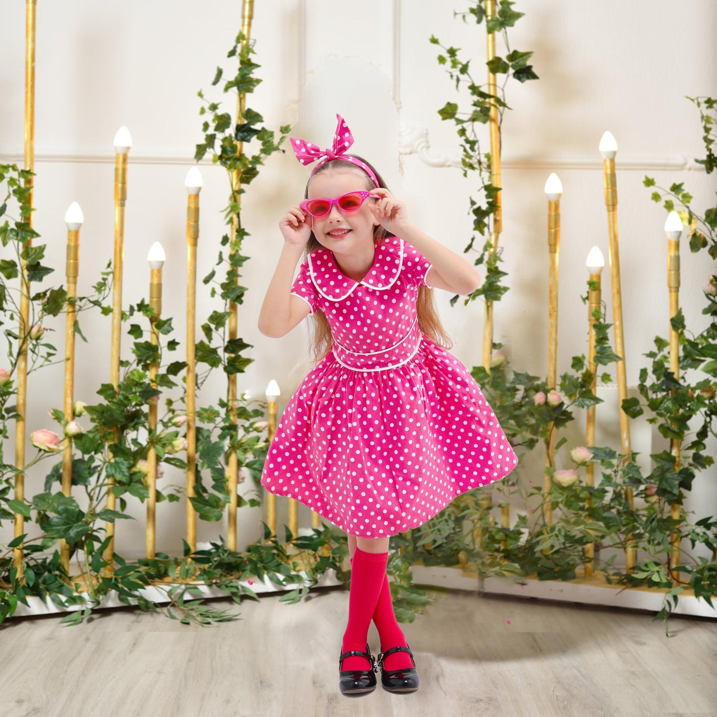 Raberto Girls Vintage 50S Dress, Pink Polka Dot With Headband, Glasses And Socks For Girls 7-8 Years, Large, Rose Red