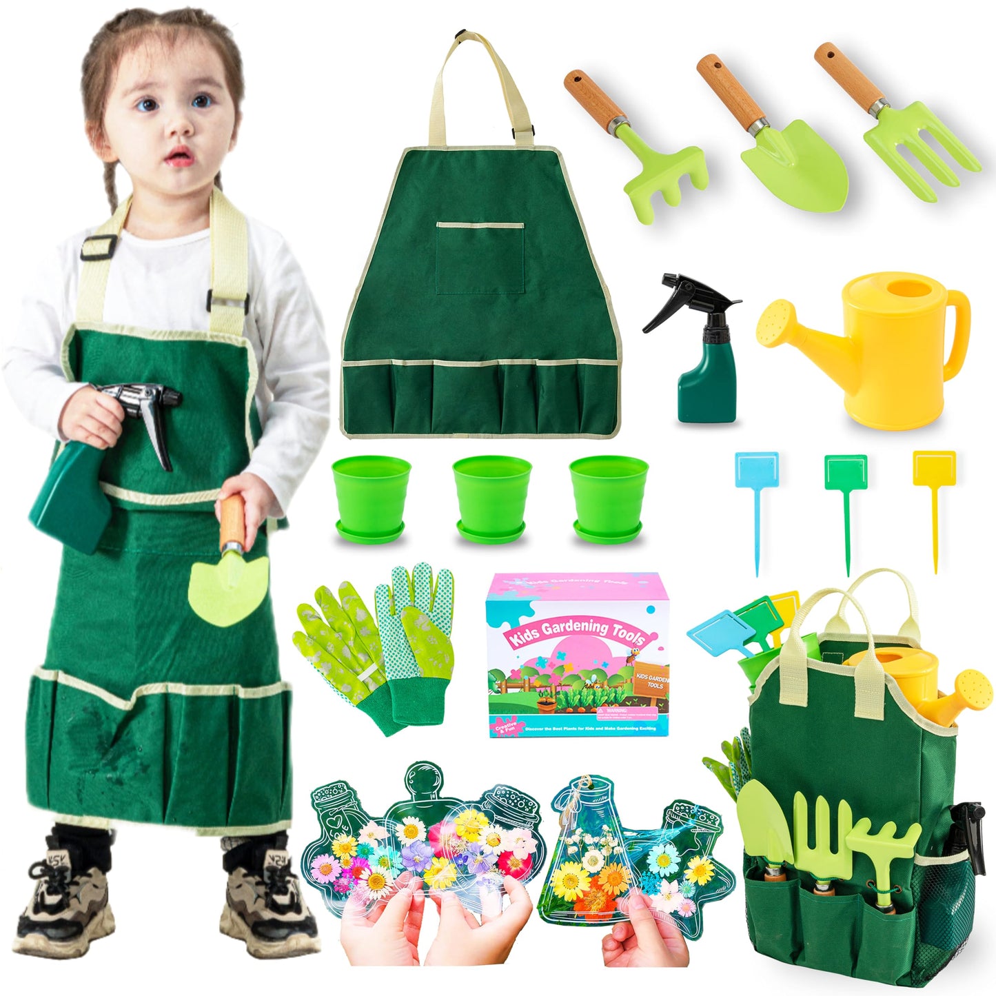 Joi Mew Kids Gardening Tools Set, Garden Toys W/Wooden Handle Alloy Rake,Fork,Trowel, Watering Can,Gloves,Tote Bag,Plant Pots, D