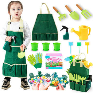 Joi Mew Kids Gardening Tools Set, Garden Toys W/Wooden Handle Alloy Rake,Fork,Trowel, Watering Can,Gloves,Tote Bag,Plant Pots, D
