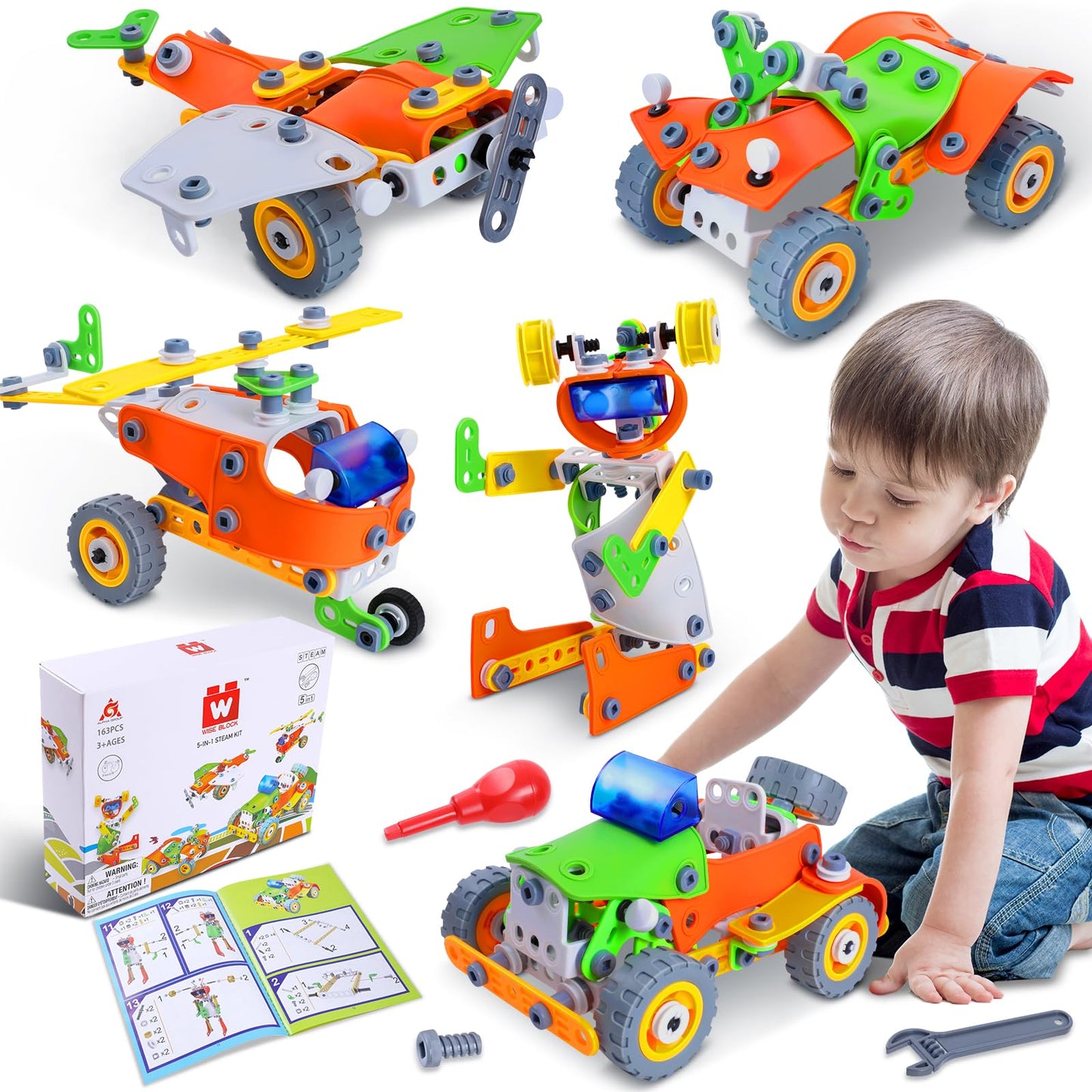 W Wise Block 164 Pcs Stem Toys, Educational Building Blocks Classroom Toys, Erector Set Building Toys For Kids Age 4-8 8-12, Toy