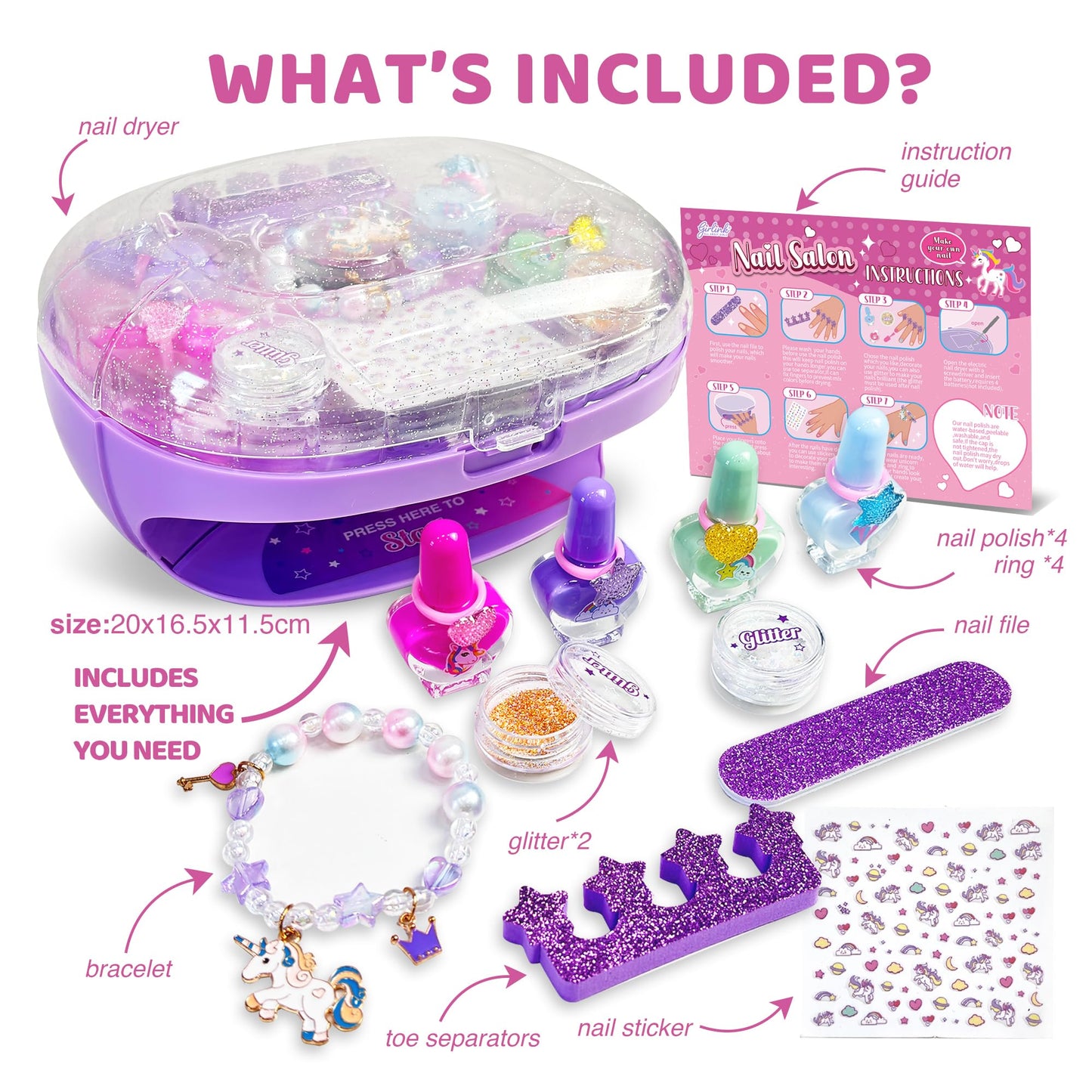 GIRLINK Kids Nail Polish Set for Girls with Dryer, Nail Polish Set, Kids Makeup Sets for Girls 6-12, Children Nail Polish Kit, N