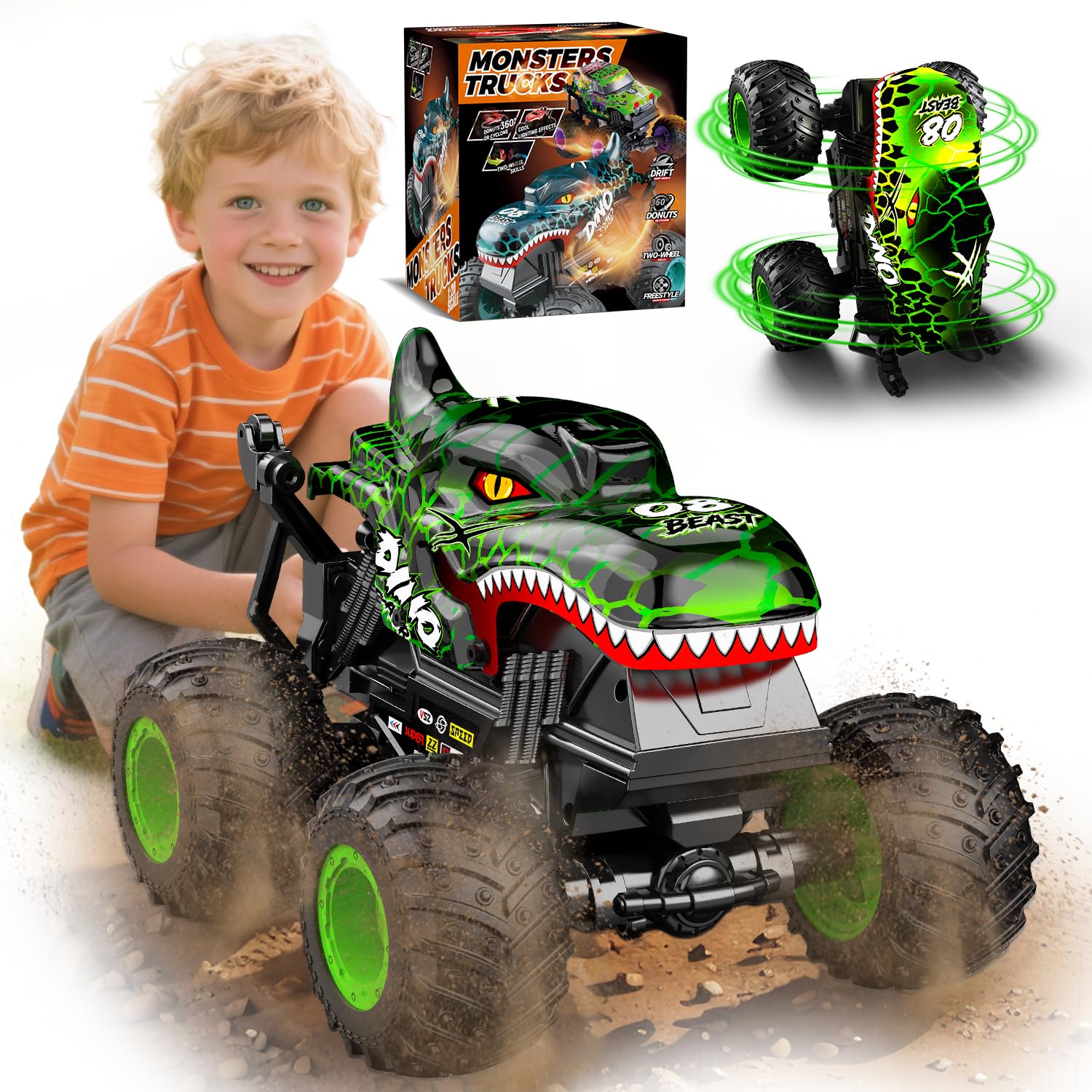 Gohero Monster Truck Toys for Kids, 1:20 Dinosaur Toys RC Car Truck with 360 Spins & Drifting, 2.4GHz All-Terrain Monster Trucks