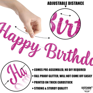 Katchon Glitter Hot Pink Happy Birthday Banner - 10 Feet | Cursive Letters, Birthday Decorations | Backdrop For Pink Party Decorations