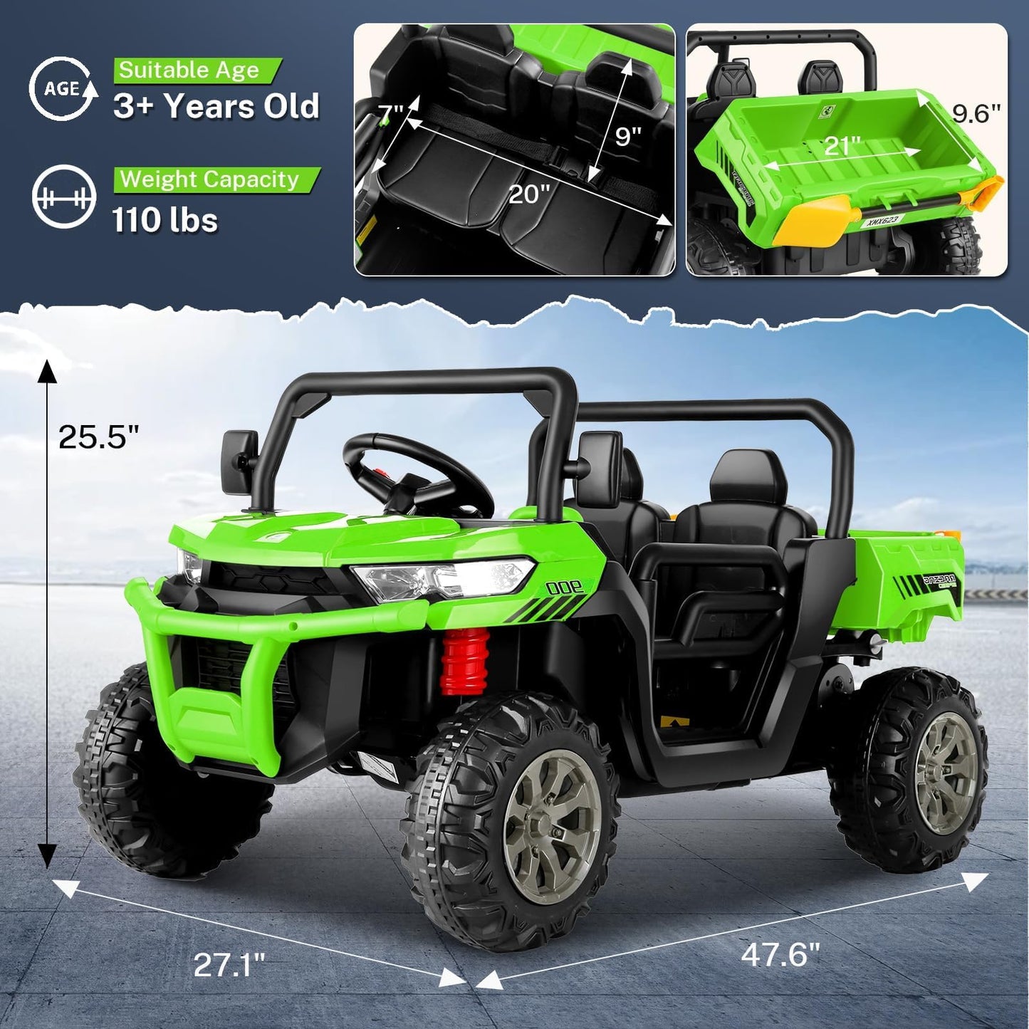 Hikole 24V Ride On Dump Truck W/Electric Dump Bed, 2 Seater Ride On Car W/Remote Control, 400W Powerful Motors, Music, Led Light
