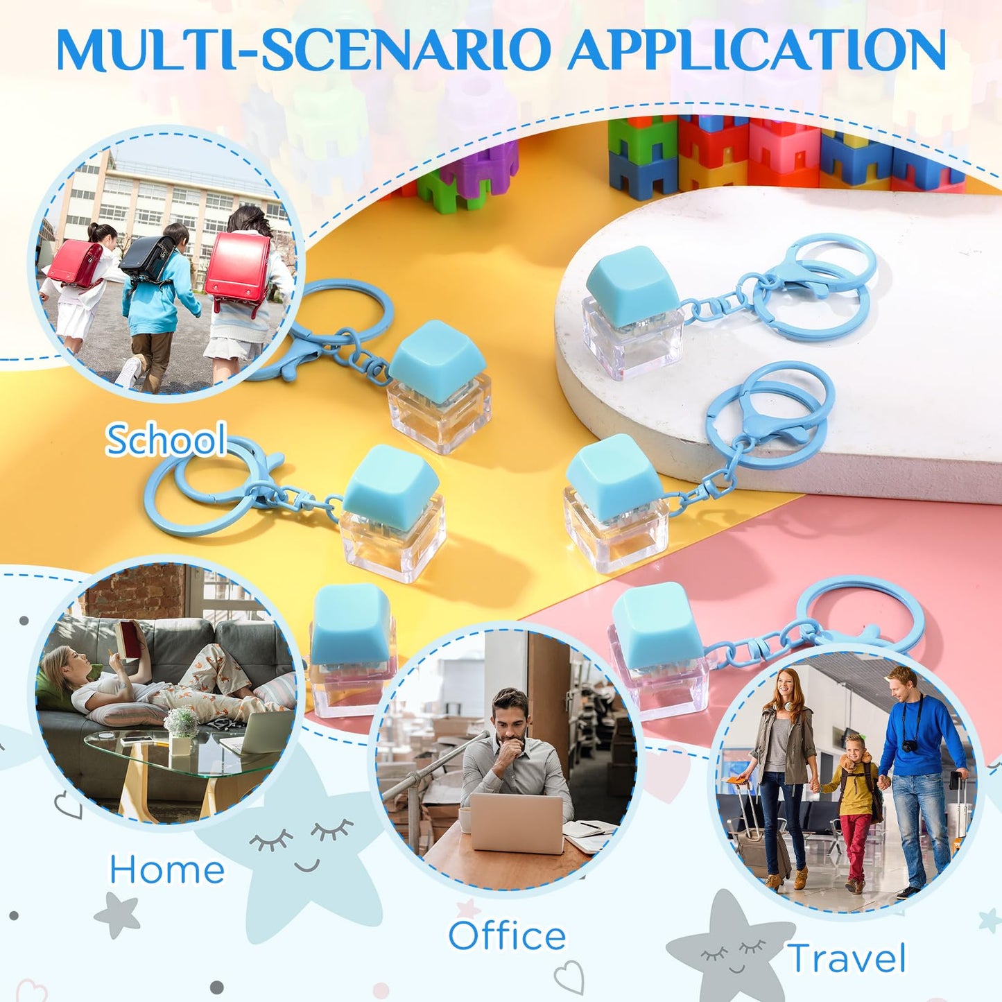 Shappy 6 Pcs Keyboard Fidget Toys  Fidget Keychain  Fidget Keyboard Clicker Keychain Gift  Keychain Button Stress Relief Gifts for mature-themed Office Home School  ADHD Toy  Cool Fidgets(Blue)