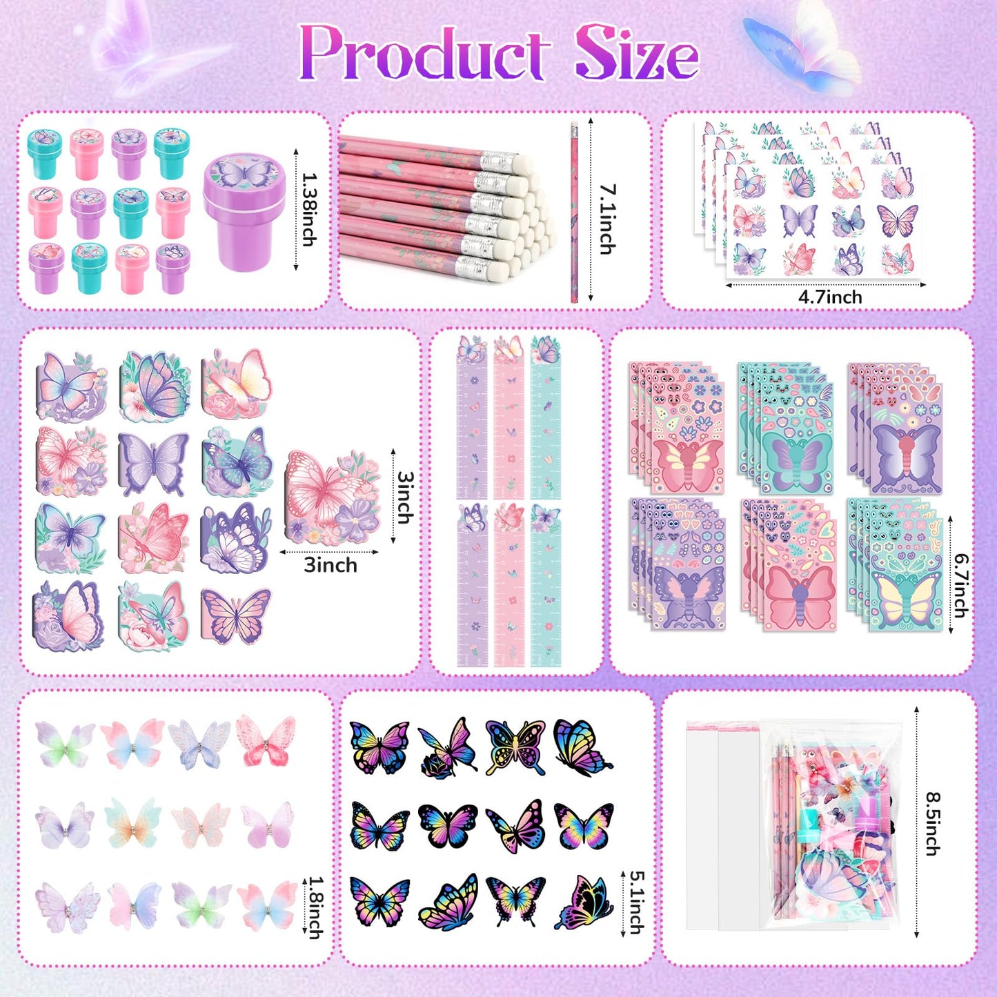 BenLouis 108Pcs Butterfly Party Favors Butterfly Fairy School Stationery Set Bulk for Kids Spring Flower Tea Birthday Birthday G