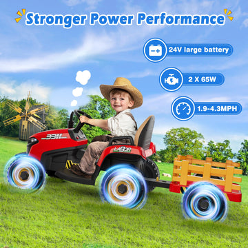 Arbeli 24V Ride On Tractor W/Tiltable & Detachable Trailer, 2X65W Motors, Eva Tires, Remote Control, Bluetooth, Shifter, Music,