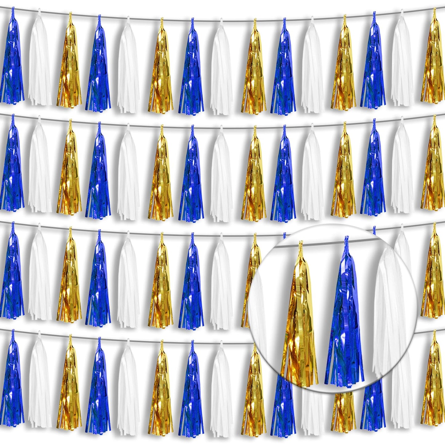 4 Pack Navy-Blue White and Gold Foil Fringe Tassel Banner Garland Metallic Tinsel Streamers Wall Hanging Curtain Backdrop Banner