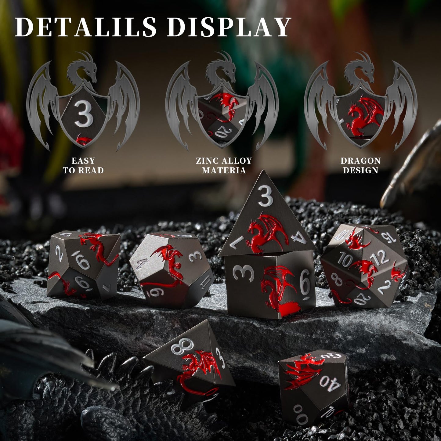 HNCCESG Metal DND Dice Set Dragon D&D Dice for D&D Dungeons and Dragons Gift TTRPG Metal Dice with Dragon Dice Box(Black Red Dra