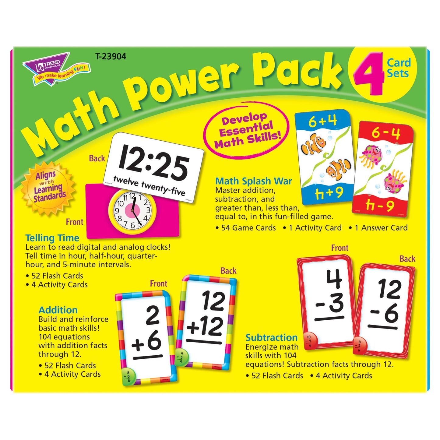 Trend Enterprises: Math Power Pack, 4 Flash Card Set Includes Math Splash War, Addition 0-12, Subtraction 0-12, Telling Time Flash Cards, Self-Checking Design, For Ages 3 And Up