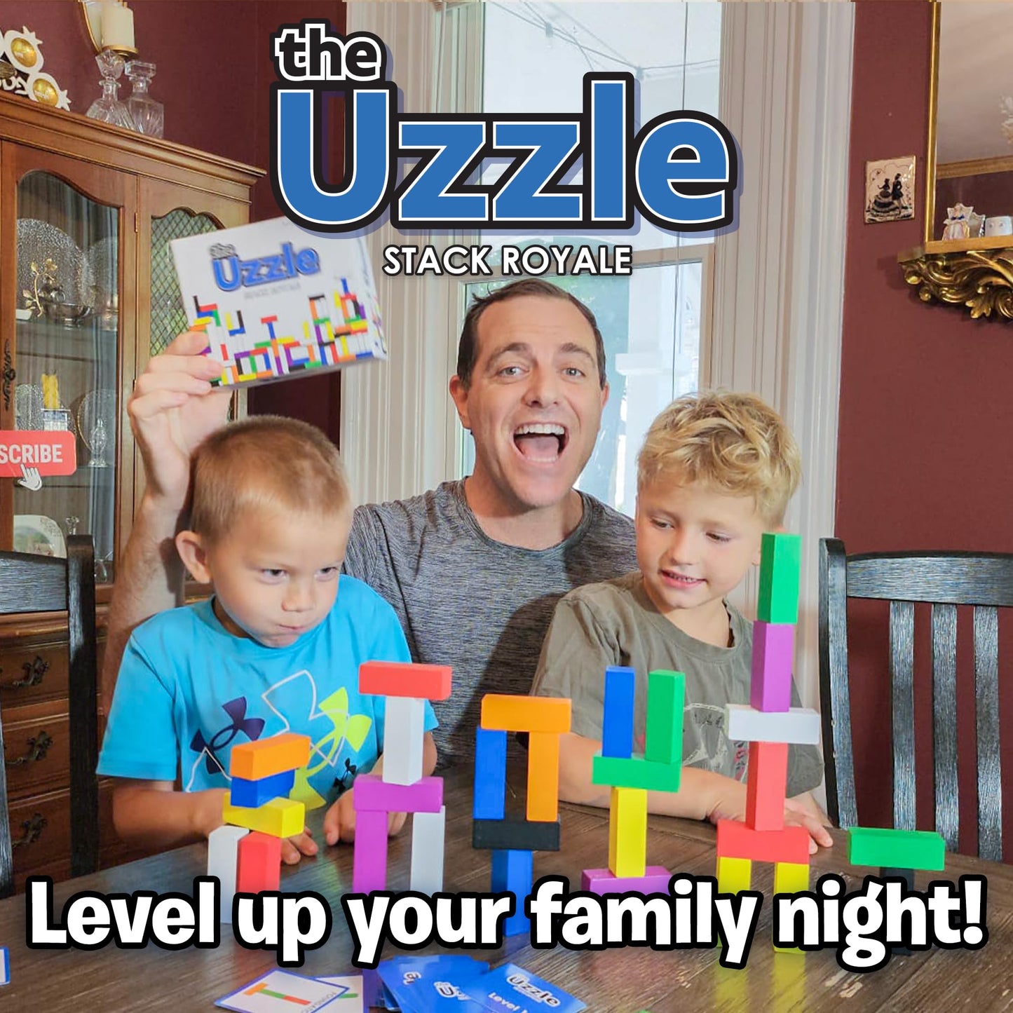 The Uzzle Stack Royale Board Game - Fun Family Game for Ages 4+, Wooden Color Block Puzzles, Brown