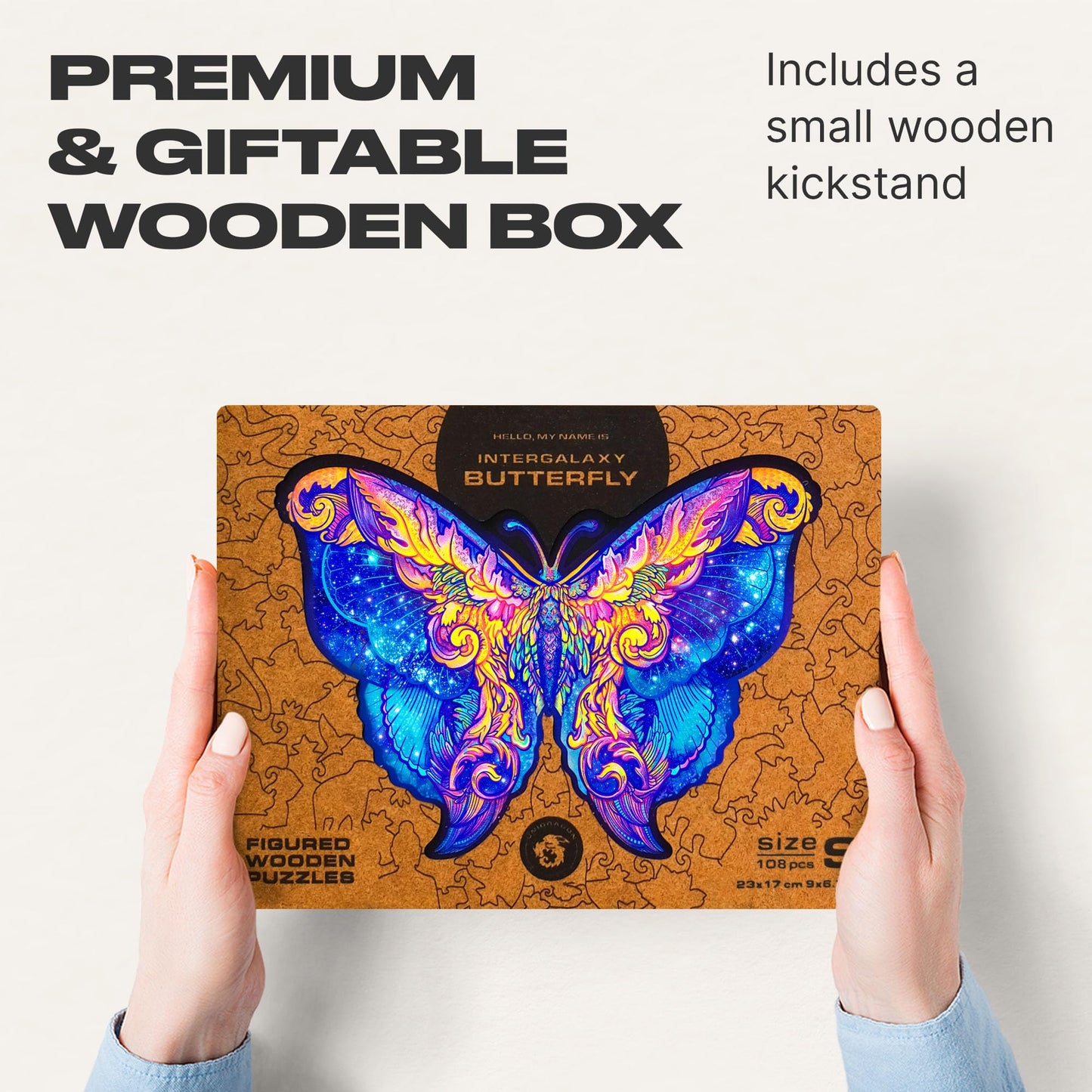 Unidragon Original Wooden Jigsaw Puzzles - Intergalaxy Butterfly, 108 Pcs, Small 9''X6.7'', Beautiful Gift Package, Unique Shape