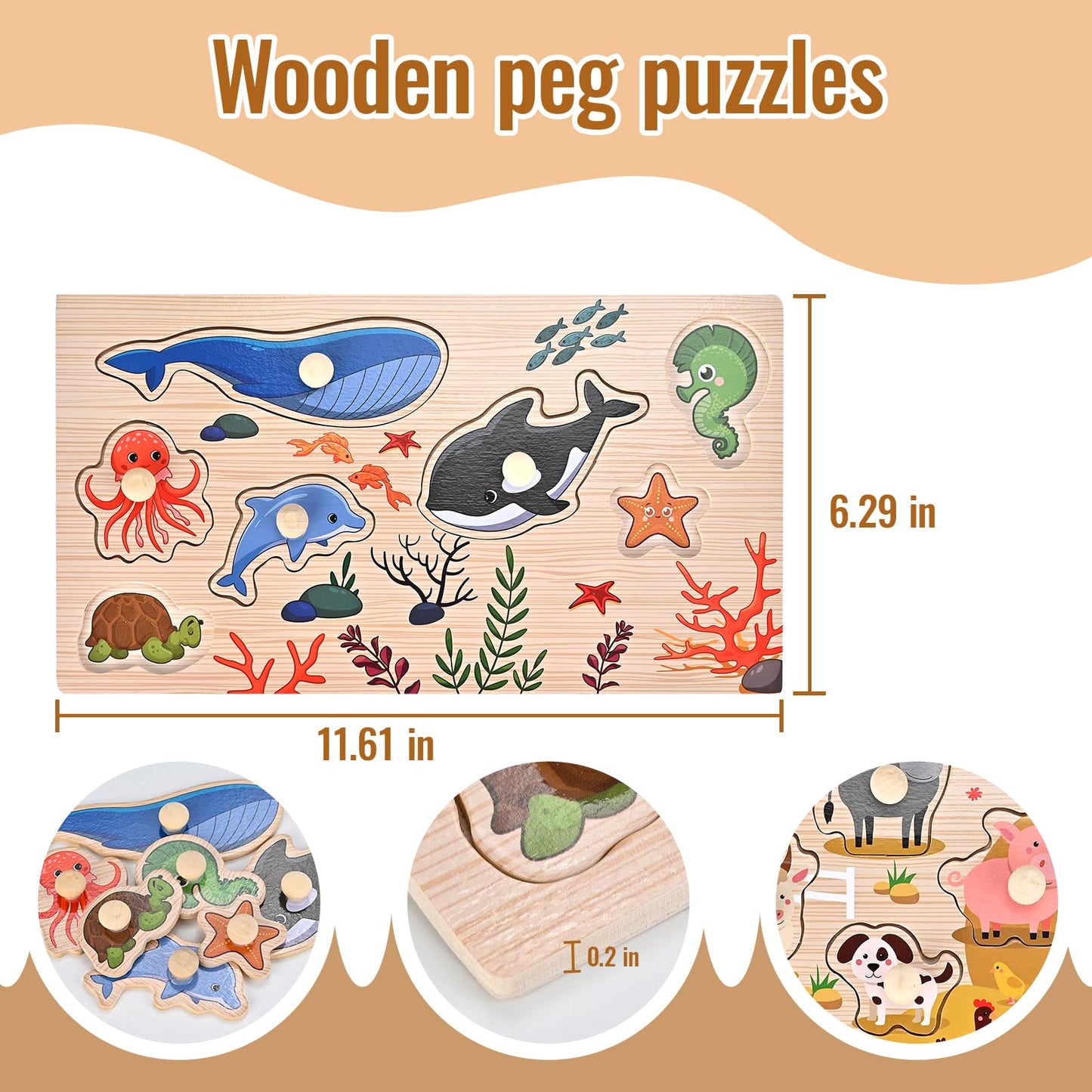 Wooderma Wooden Peg Puzzles For Toddlers 1 2 3 Years Old, 2 Pack Montessori Educational Learning Puzzles Set, Toddler Puzzles To