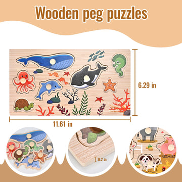 Wooderma Wooden Peg Puzzles For Toddlers 1 2 3 Years Old, 2 Pack Montessori Educational Learning Puzzles Set, Toddler Puzzles To