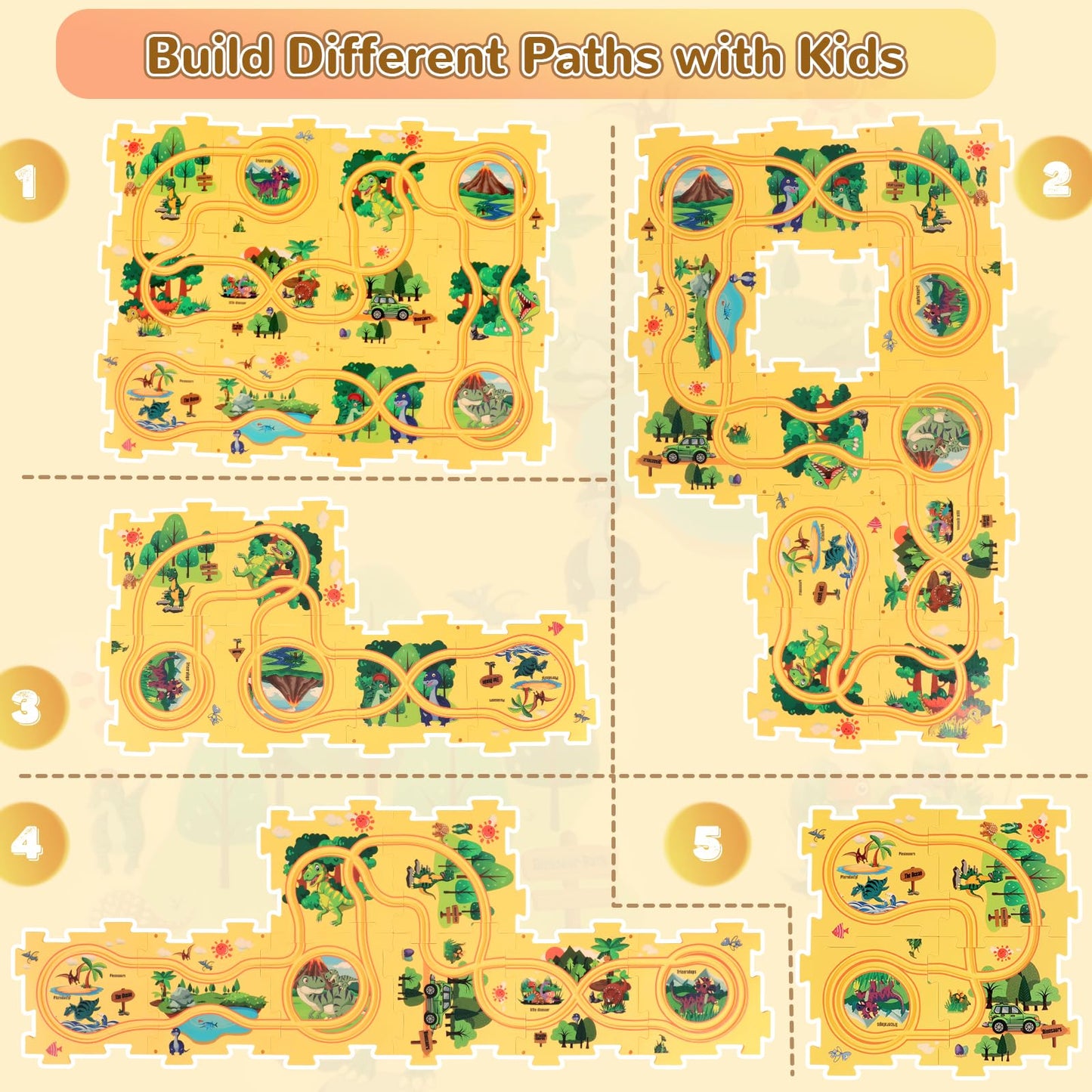 Plastic Dinosaur Puzzles For Kids With A Cute Car, Montessori Toys For 2 3 4 5 6 Year Old Boys, Race Tracks For Kids 3-5, Toddle
