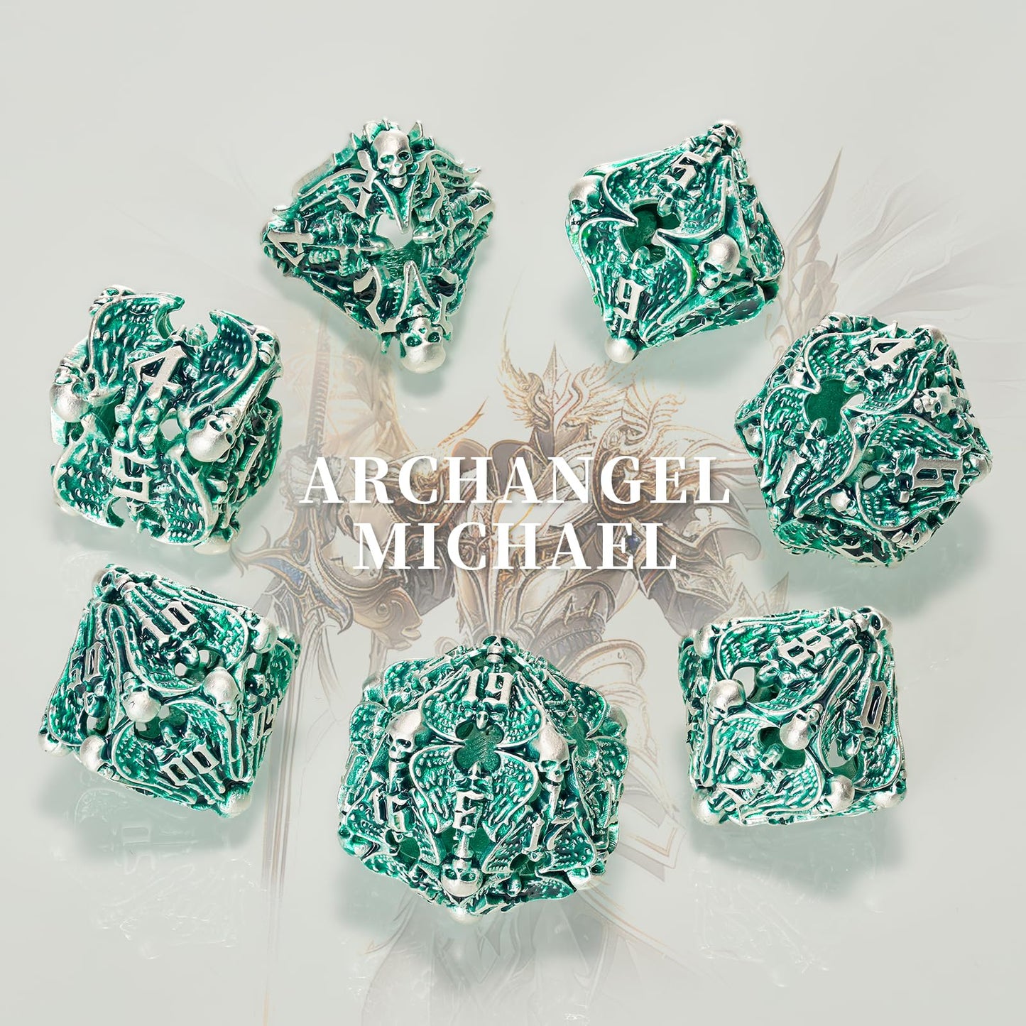 DND Dice,HNCCESG Hollow Metal Set 7 Pcs for Dungeons and Dragon,D and D GIFS of Tabletop Game (Matte Green White Skull)