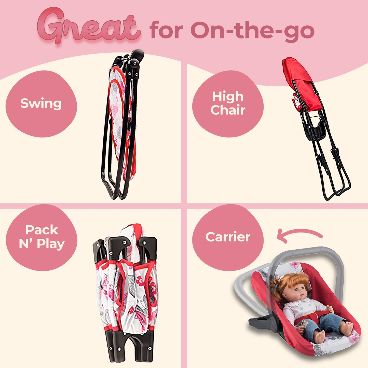 Litti Pritti 18-Inch Baby Doll Nursery Playset - Swing, High Chair, Pack-N-Play And Carrier