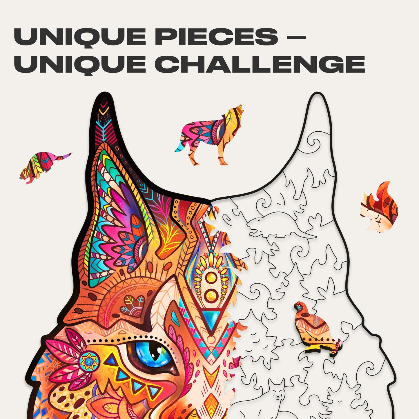 Unidragon Original Wooden Jigsaw Puzzles - Gentle Lynx, 105 Pieces, Small Size 6.7'' ?10, Beautiful Gift Package, Unique Shape B