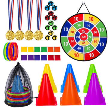 Dyrfolm 48 Pcs Carnival Games Combo Set,Plastic Cones Ring Bean Bag Toss Games Combo Set,Carnival Outdoor Games For Kids Adults