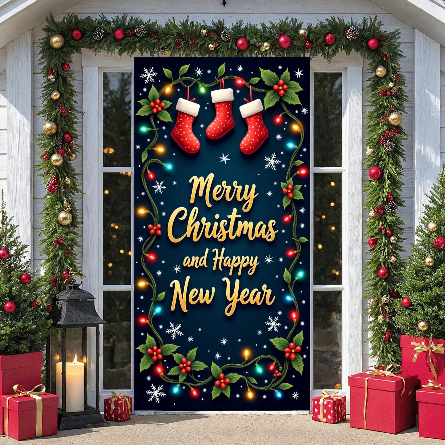 Large Merry Christmas Door Cover Christmas Stockings Door Banner Happy New Year Porch Hanging Backdrop for Xmas Party Supplies W