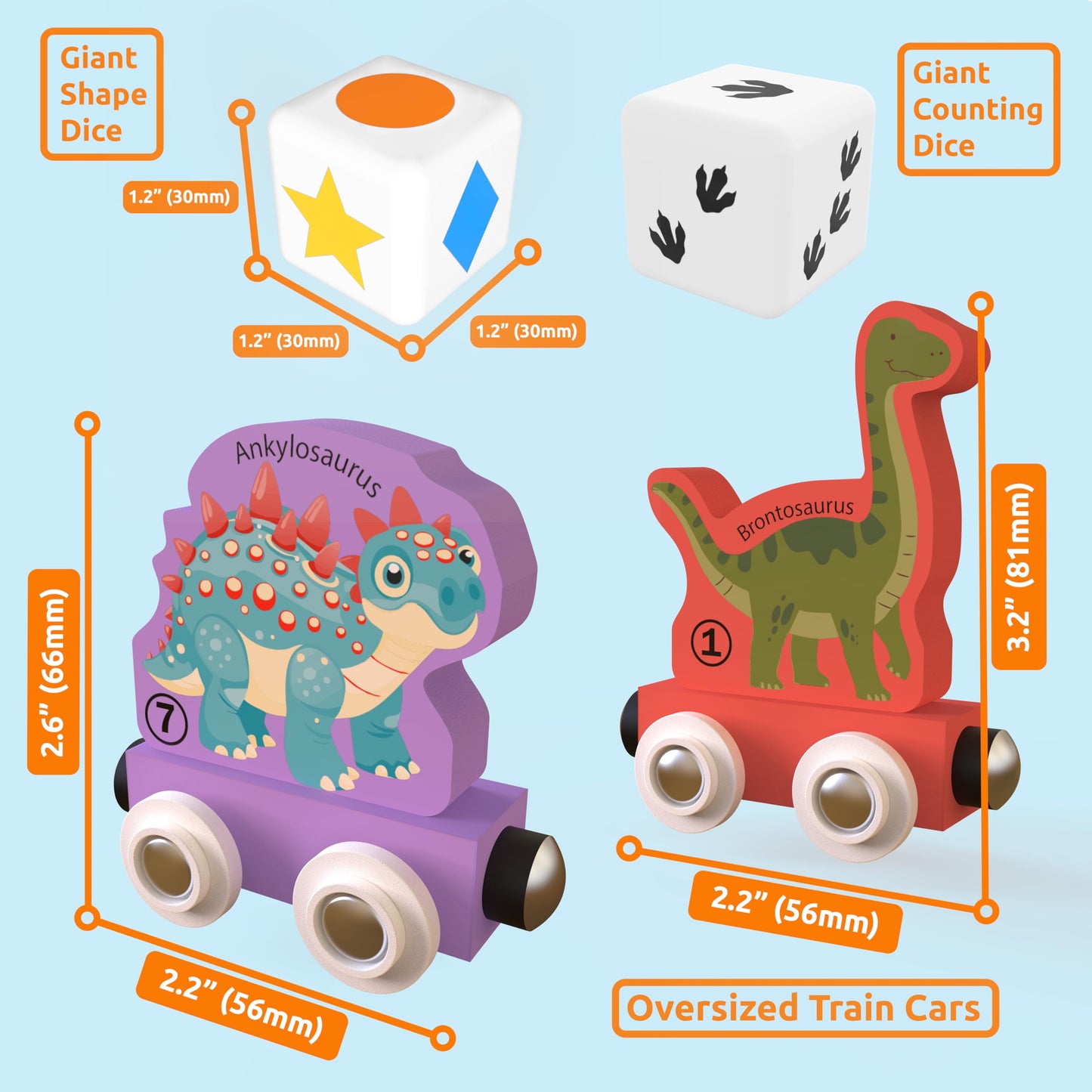 ORBRIUM 23-Piece Dinosaur Train Set - STEM Toy & Educational Game with Wooden Train Cars, Dice, Shapes & Colors - Montessori Lea