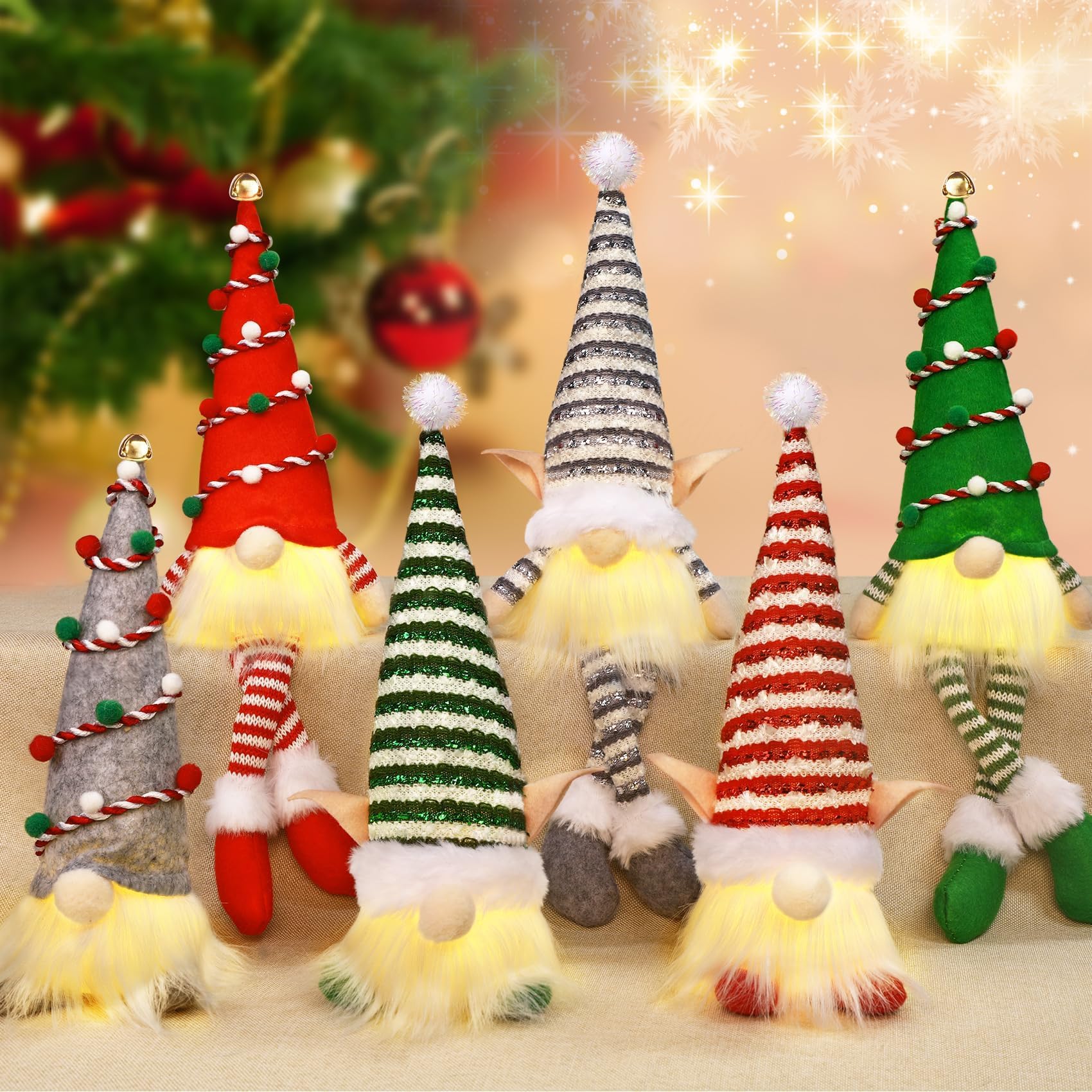 Hinzer 6 Pack Gnomes Christmas Decorations 13.7'' Lighted Swedish Tomte Xmas Gnome Jingle Bell Plush Scandinavian Santa Christma