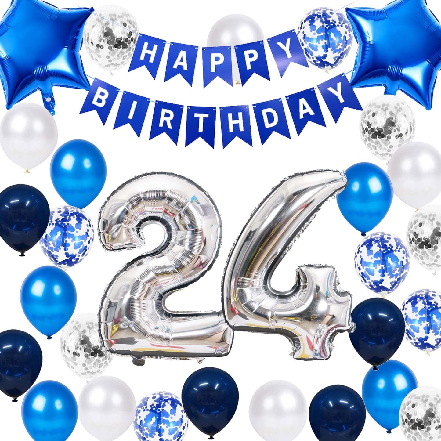 24Th Birthday Party Decoration Blue For Men, Happy Birthday Banner Blue Number 24 Birthday Star Foil Balloons Latex Confetti Bal
