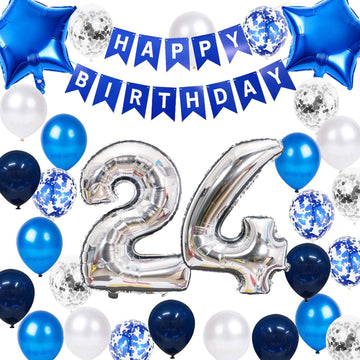 24Th Birthday Party Decoration Blue For Men, Happy Birthday Banner Blue Number 24 Birthday Star Foil Balloons Latex Confetti Bal