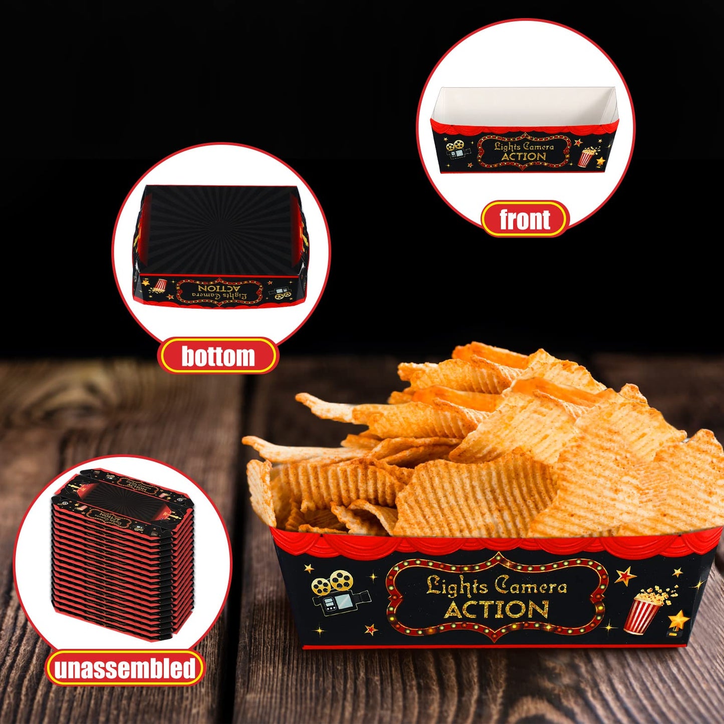 30 Pieces Movie Night Snack Trays Party Supplies Red Nacho Paper Food Trays Movie Theme Decoration Popcorn Paperboard Holder for