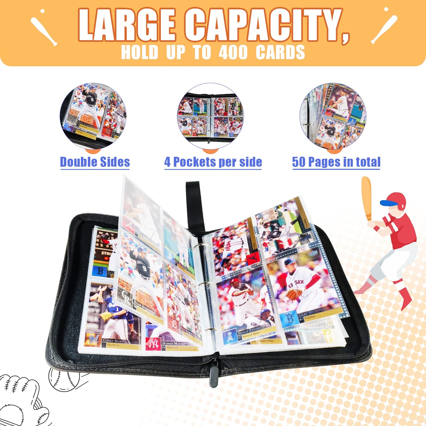 Card Binder 400 Pockets, Trading Card Binder With Sleeves, Baseball Card Binder, Trading Card Albums Sports Card Binder Collecti