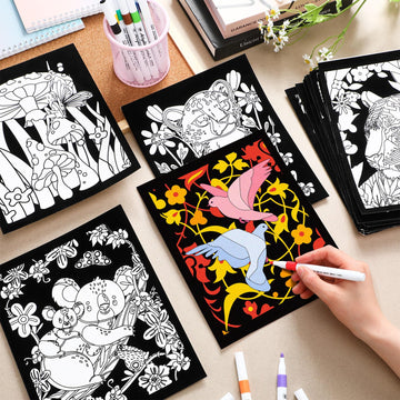 Zhanmai Pack of 48 Velvet Coloring Posters and Watercolor Pens Animal Fuzzy Velvet Coloring Posters for Adults Teenagers Large C