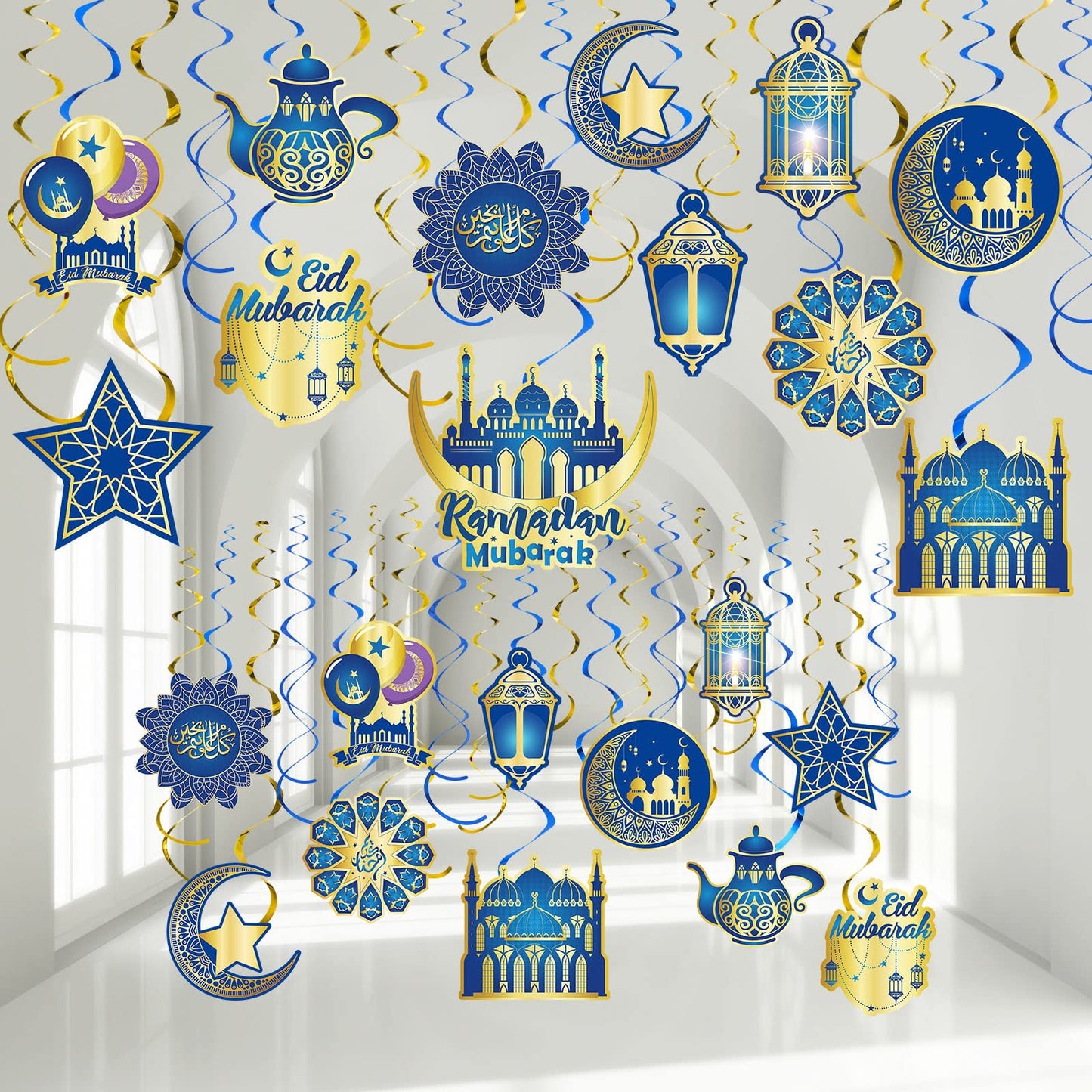 30 Pieces Ramadan Mubarak Decorations, Eid Mubarak Hanging Swirl Shining Gold Star Moon Lantern Ceiling Foil Decor for Eid Al-fi