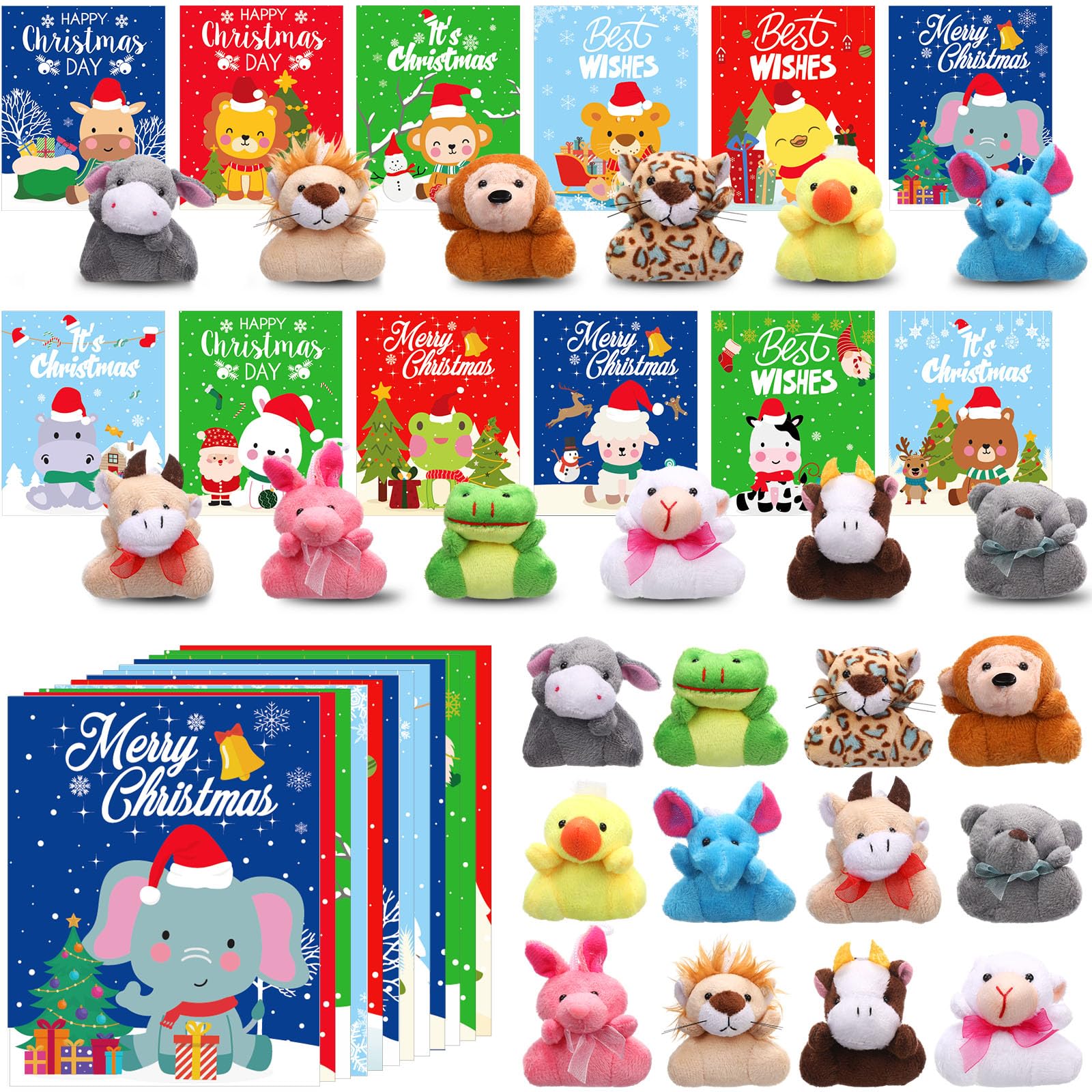Motionchic 24 Set Mini Christmas Stuffed Animals Bulk with Winter Snowflakes Snowmen Cards Cute Plush Animals Keychain for Xmas 