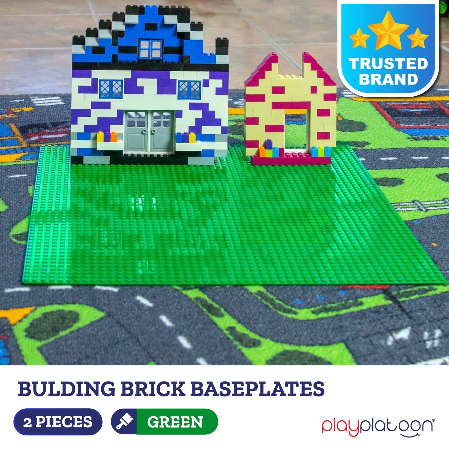 Play Platoon 15 Inch X 15 Inch Baseplate For Building Bricks - Extra Large Landscape For Building Blocks - Green Classic Platform Baseplates Compatible With All Major Brands, 2 Pack
