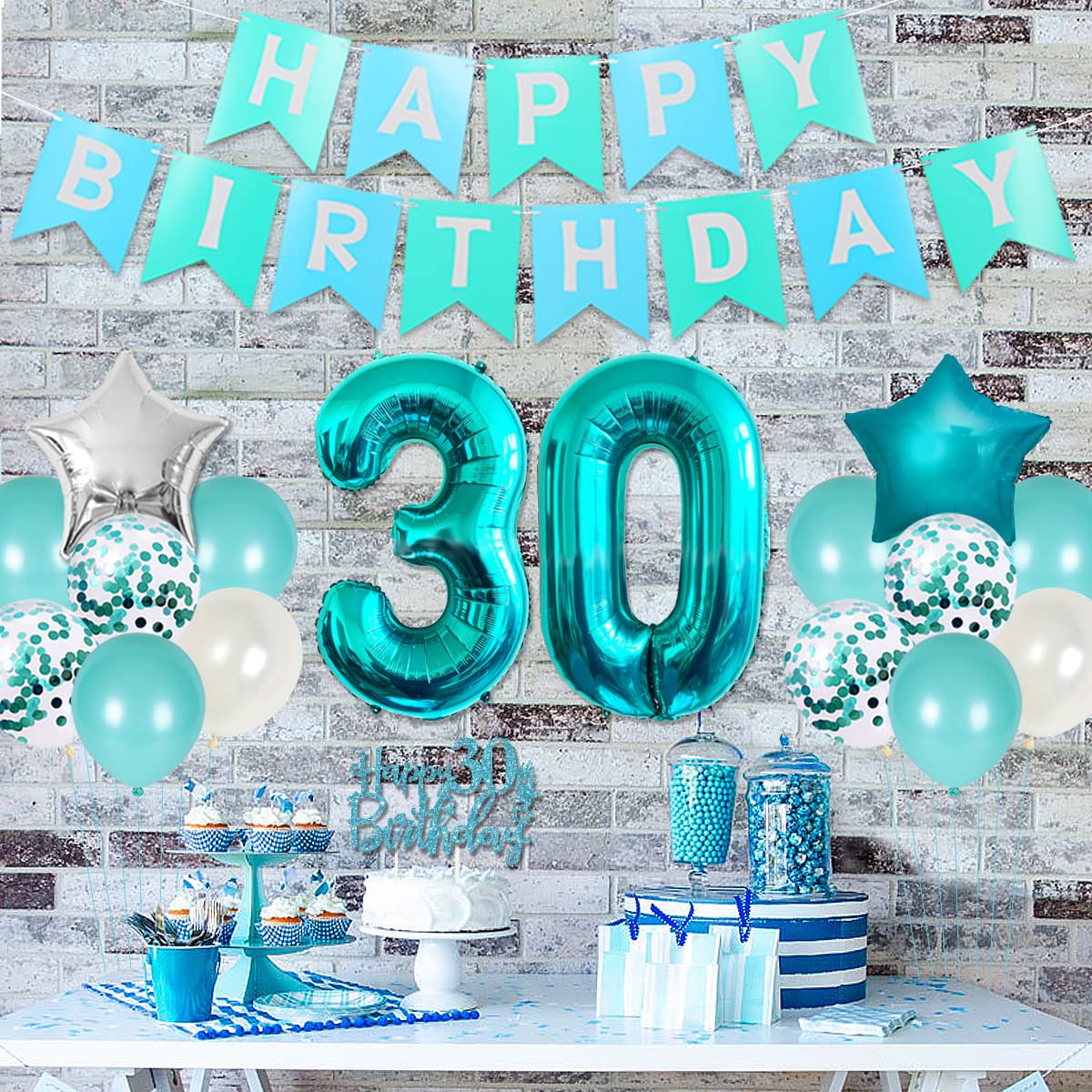 30Th Birthday Decorations For Women Girls Teal - Queen Sash Happy Birthday Banner Cake Topper Number 30 Foil Balloon Foil Curtai