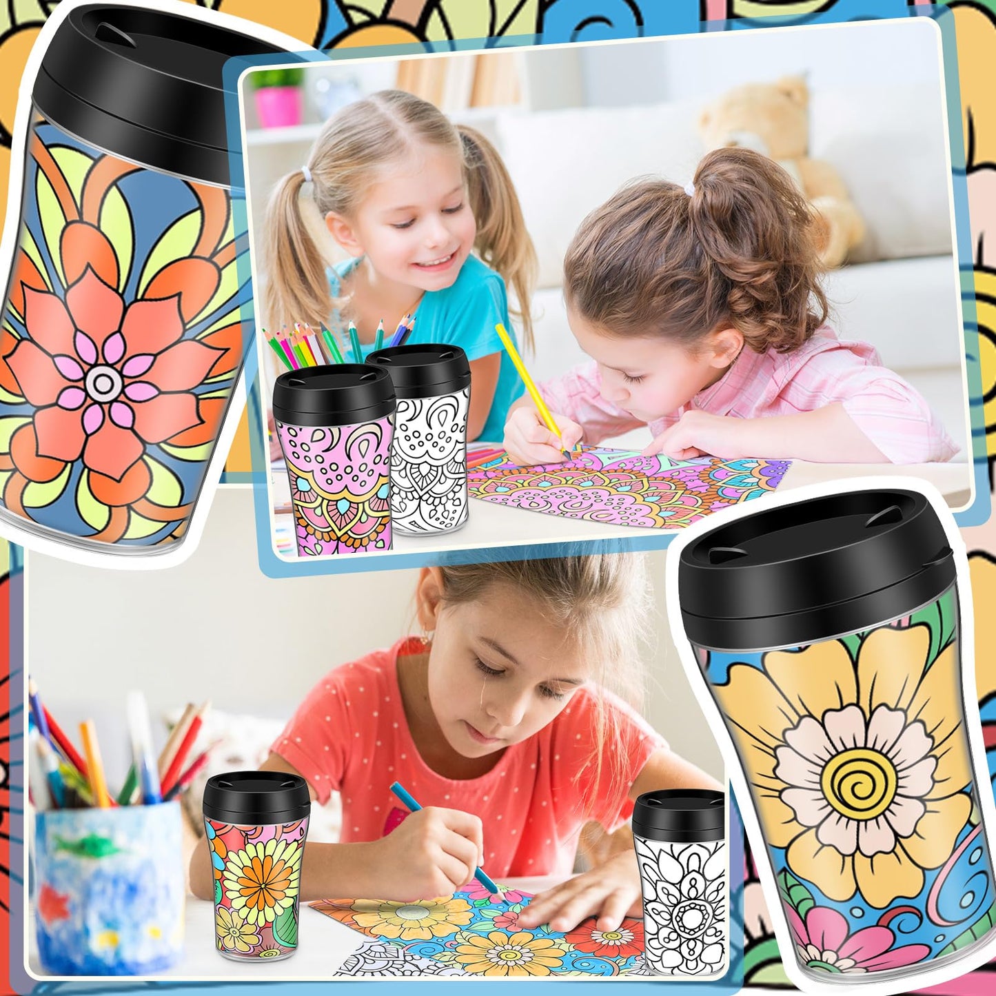 Yiyiring Set of 12 Mandala DIY Color Your Own Cups Diwali Mandala Crafts 10 oz Painting Coloring Cups Color Your Own Plastic Mug