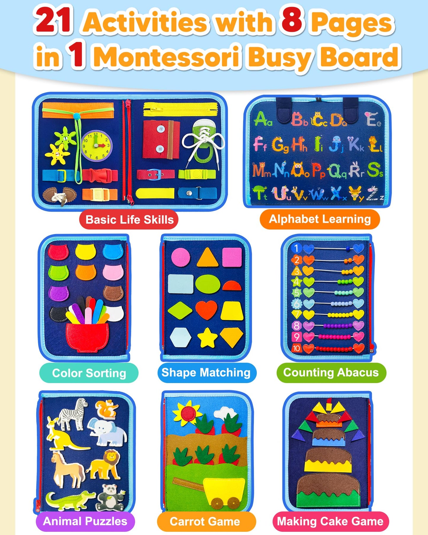 Exorany Busy Board Montessori Toys For 1 2 3 4 Year Old Boy Birthday Gifts, Busy Book Sensory Learning Toys For Toddlers 1-3 2-4, Toddler Boy Travel Educational Activities