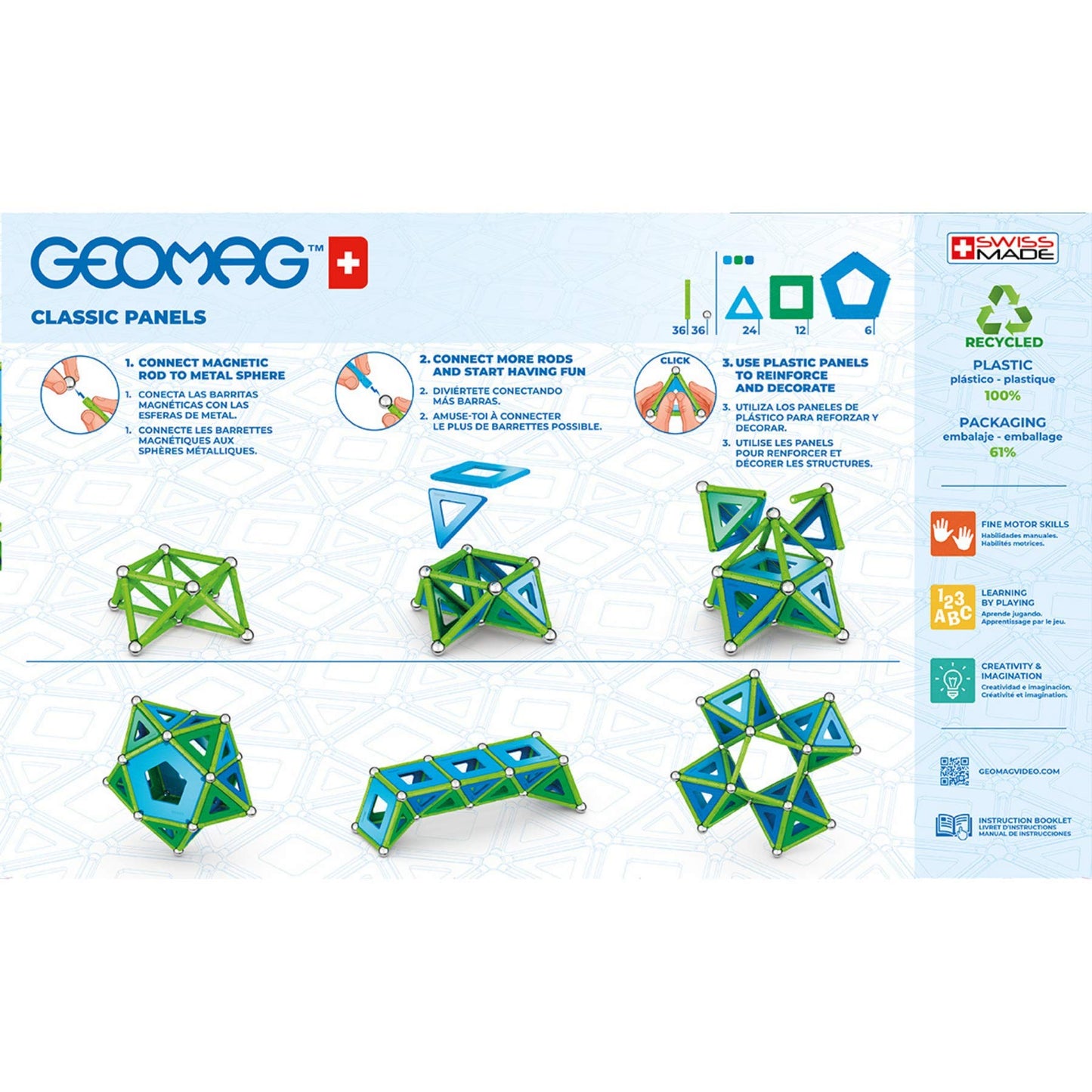 Geomag Classic Panels 114-Pc Magnetic Construction Set For Kids Ages 5 And Up | Swiss-Made Stem Educational Toy Made From 100% Recycled Plastic | Screen-Free Activity
