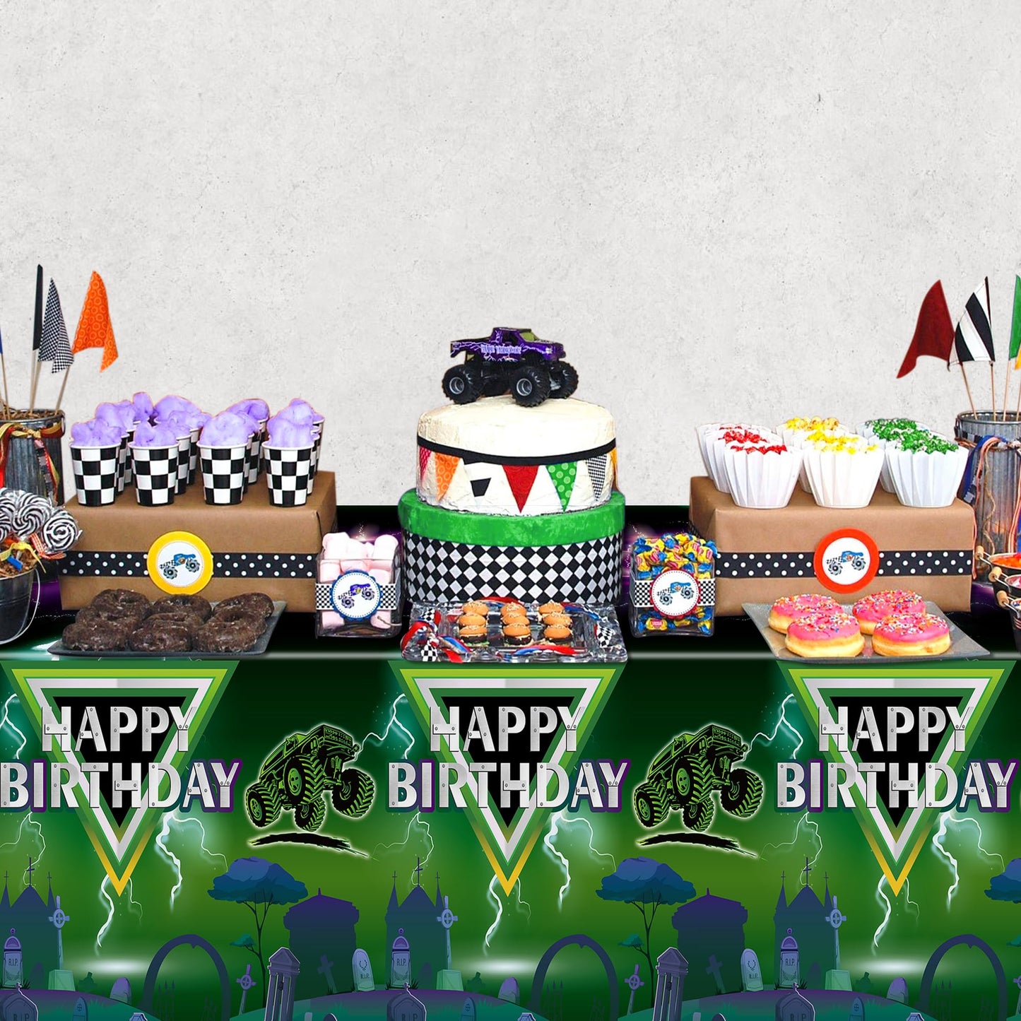 Awsertantue 3 Pack Green And Purple Monster Truck Tablecloths, Monster Truck Happy Birthday Disposable Rectangle Table Cover For